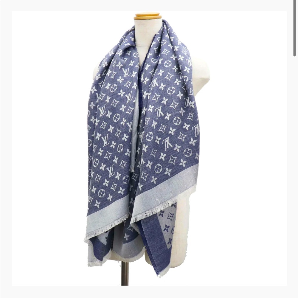 LOUIS VUITTON Monogram Silk Wool Used Scarf Greyish Navy White Italy